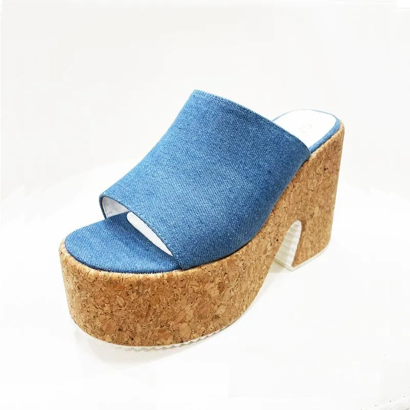 Denim Platform Slide Sandals