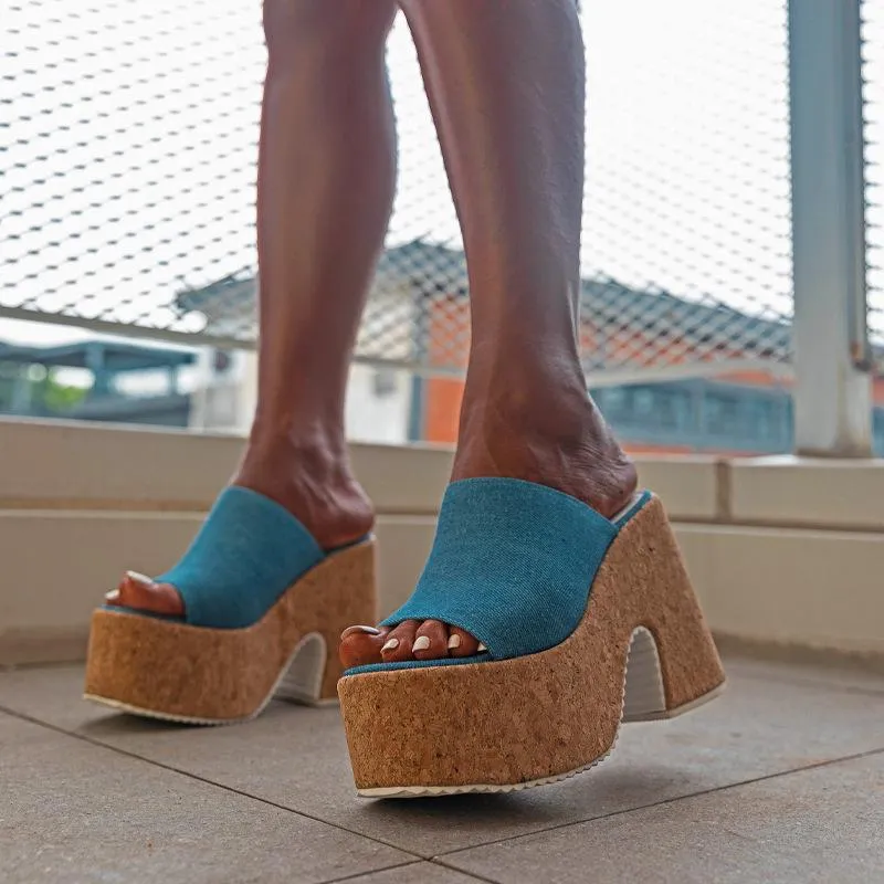 Denim Platform Slide Sandals