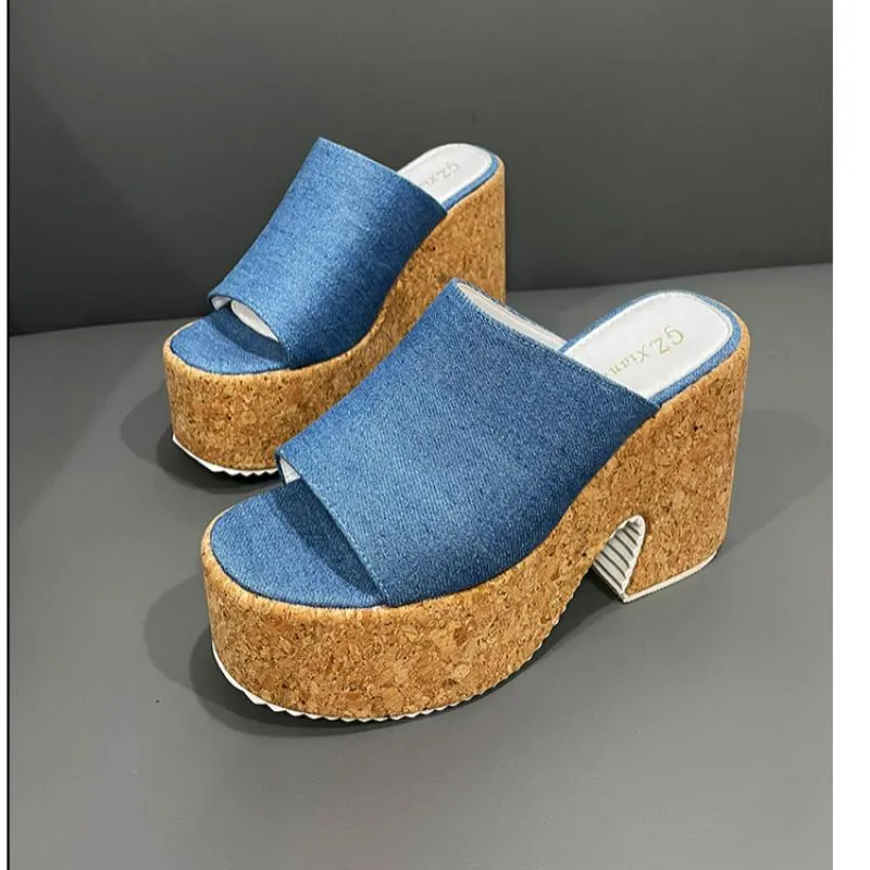 Denim Platform Slide Sandals